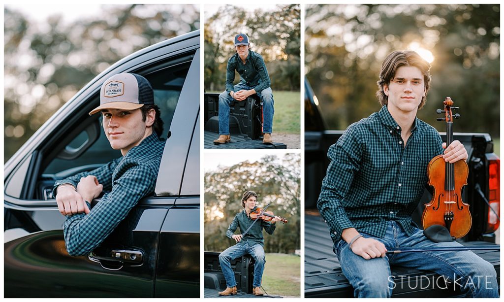 Tips for a senior guy session at Cedar Creek Ranch in Cave spring, Georgia. Darlington school senior session on farm. Senior session with violin. Senior guy with instrument.
