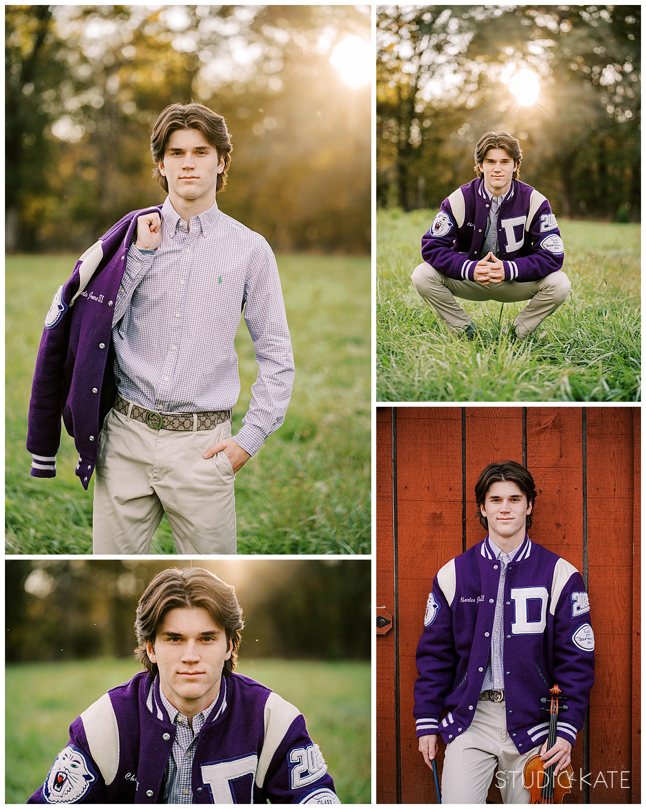 Tips for a senior guy session at Cedar Creek Ranch in Cave spring, Georgia. Darlington school senior session on farm. Senior session with football player. Senior guy with instrument.