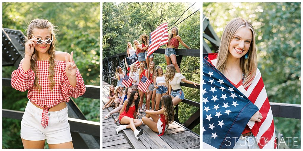 Patriotic Senior session for the 4th of July. Styled 4th of July Session with American girl theme. Studio Kate Seniors in Rome, Georgia on Armuchee Bridge. 