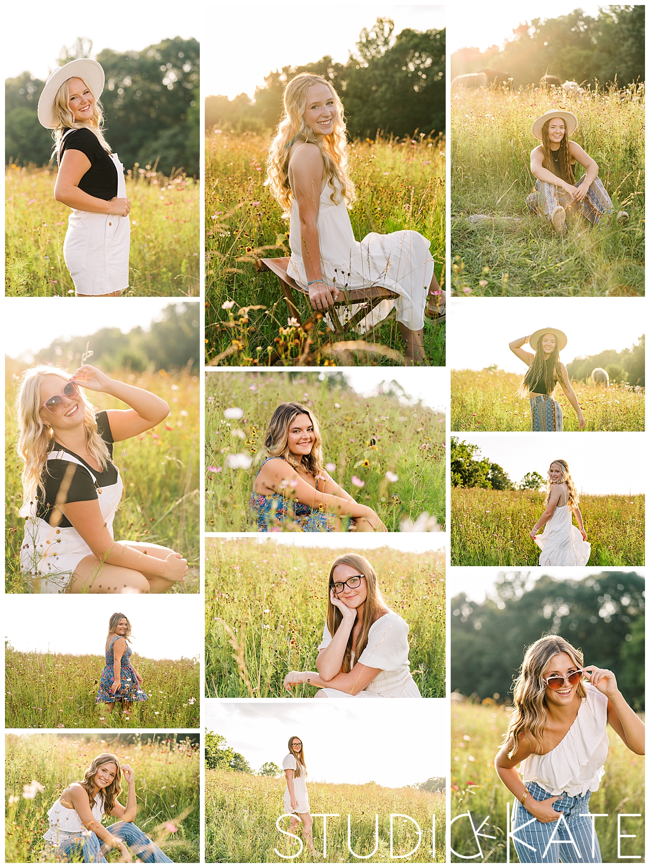 sunset wildflower photoshoot, senior girl in wildflower field, 70's styled senior photoshoot, senior picture poses, best senior pictures, senior pictures with cows