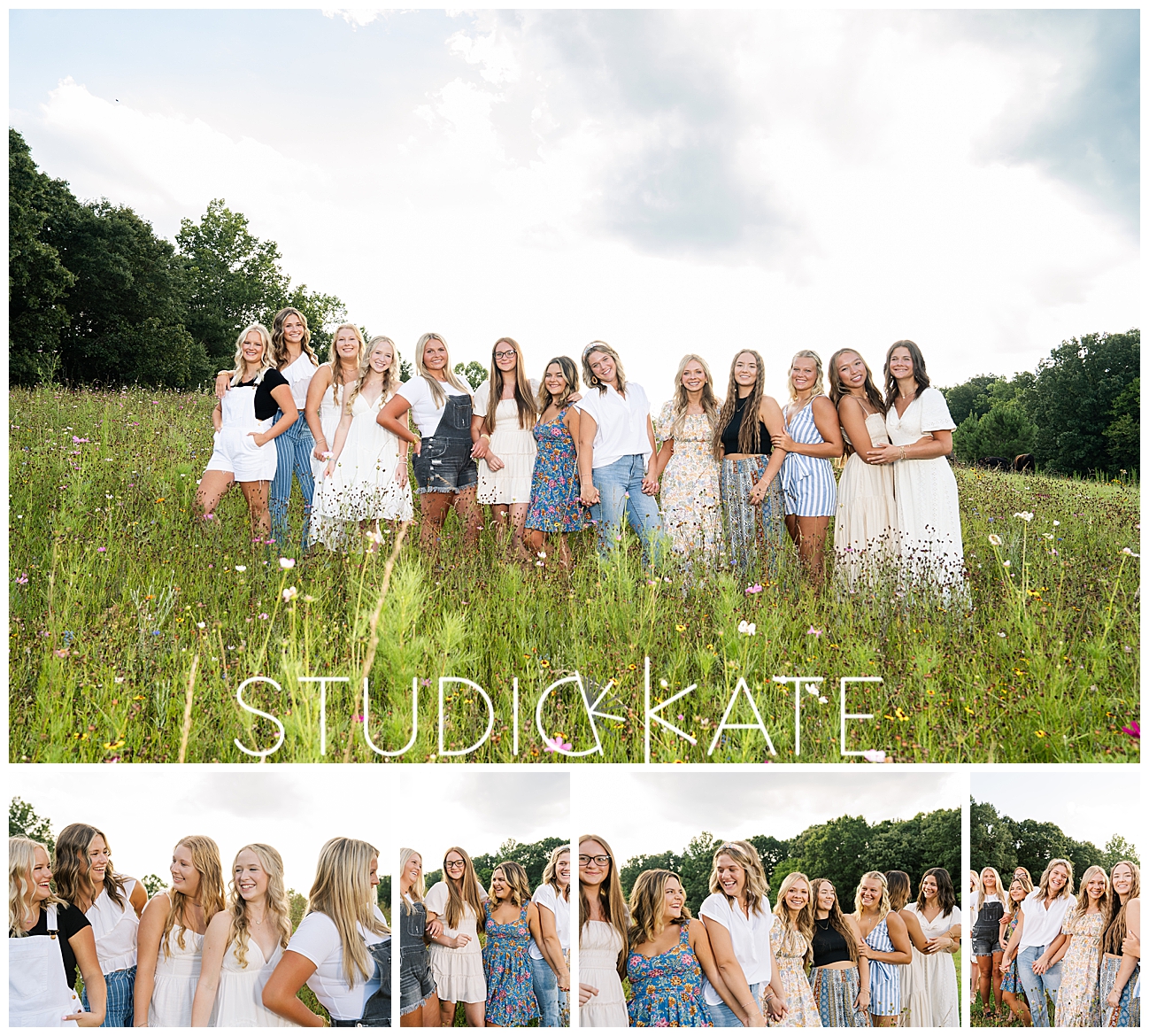Wildflower senior team photoshoot, styled senior shoot, Rhyne Farms, Wildflower hill, southern senior photoshoot inspiration
